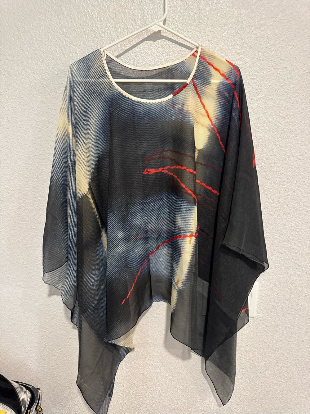 100% silk: Mary Jaeger Sheer Draped Poncho Top in Black, Cream & Red
